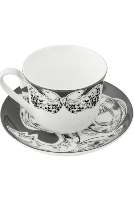 Кружка с блюдцем, коллекция «Перья на черном»