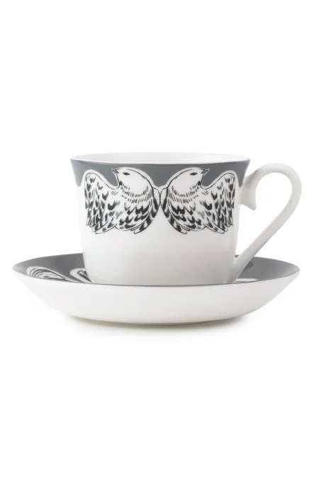 Кружка с блюдцем, коллекция «Перья на черном»