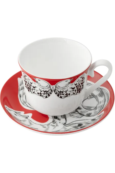 Кружка с блюдцем, коллекция «Перья на красном»