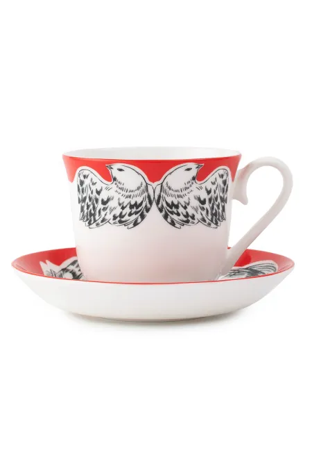 Кружка с блюдцем, коллекция «Перья на красном»