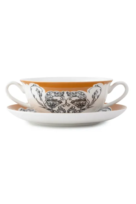 Супница порционная с подстановочным блюдцем, коллекция «Перья на золоте»