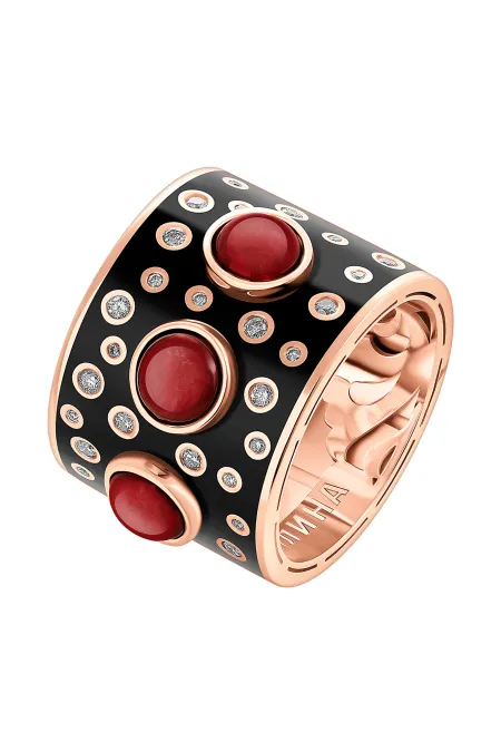 Широкое кольцо из золота 585 пробы с эмалью, бриллиантами и гранатами