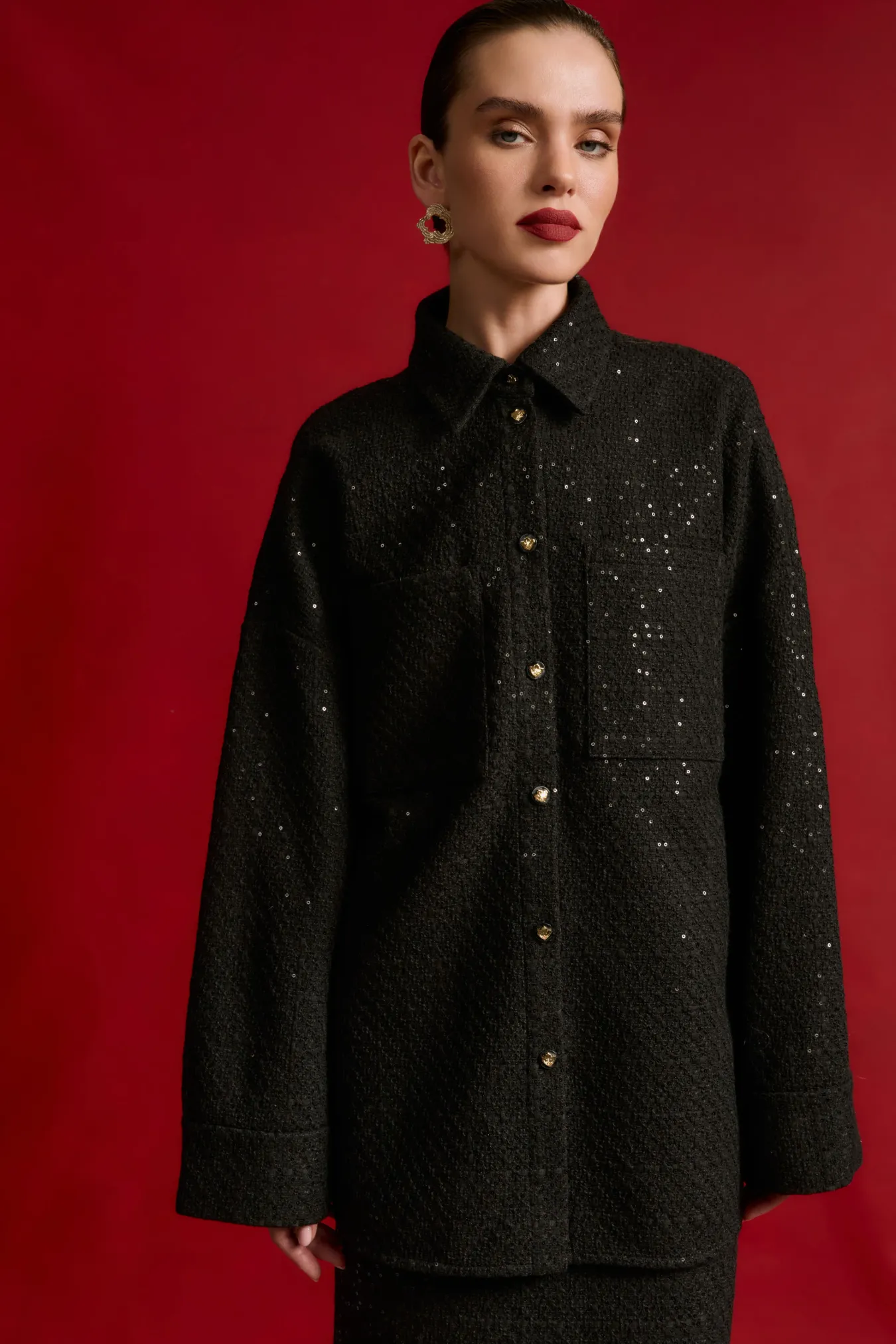 Рубашка-жакет из твида с пайетками