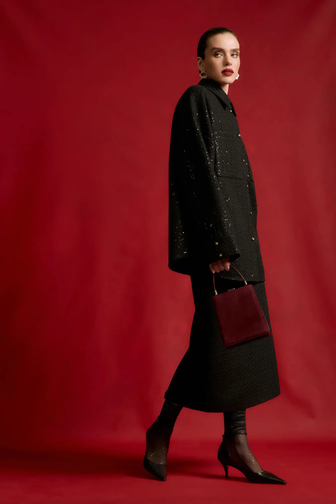 Макси-юбка из твида с пайетками