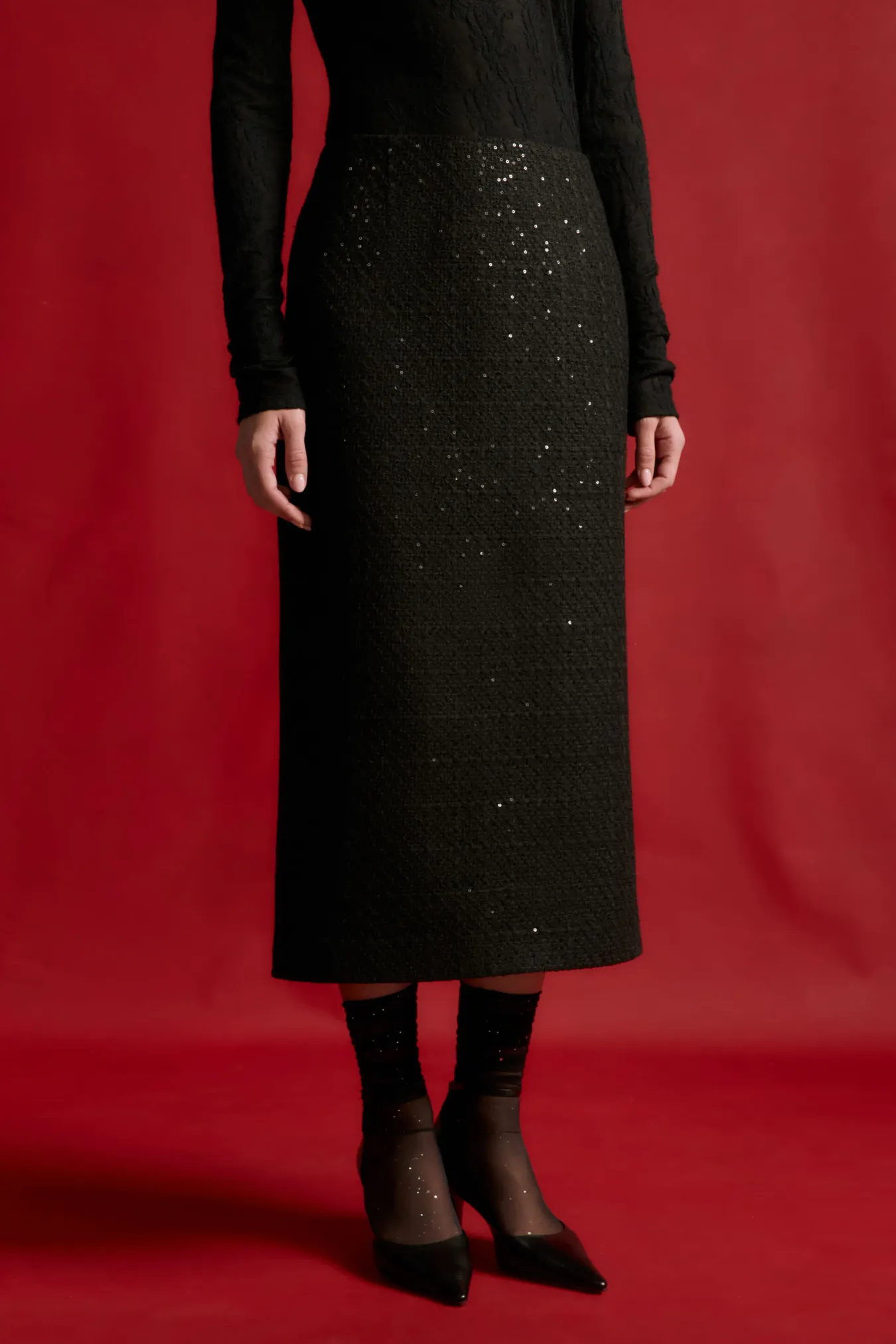 Макси-юбка из твида с пайетками