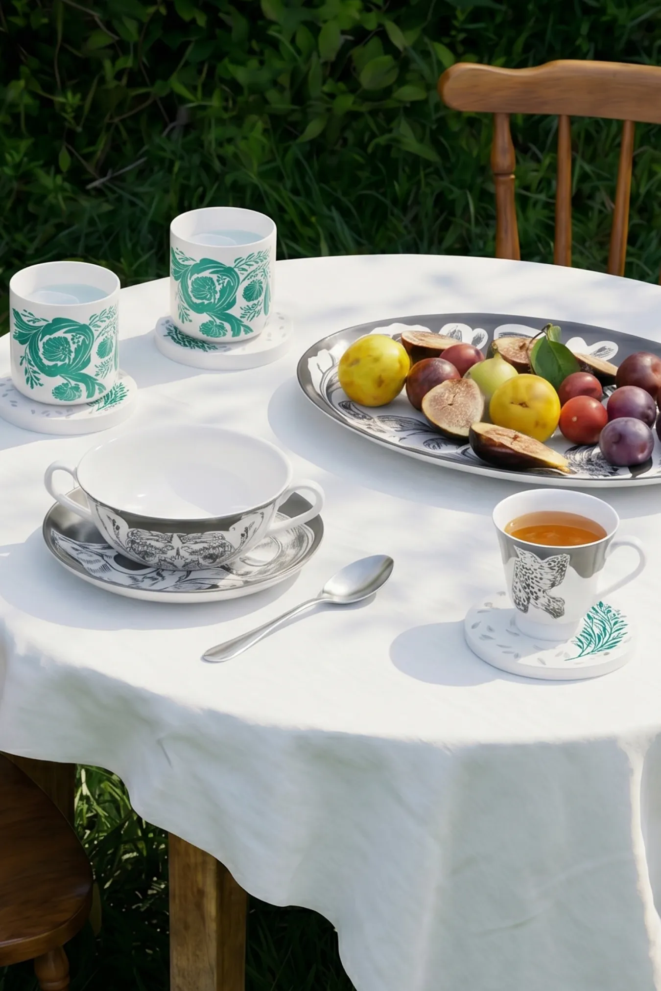 Супница порционная с подстановочным блюдцем, коллекция «Перья на черном»