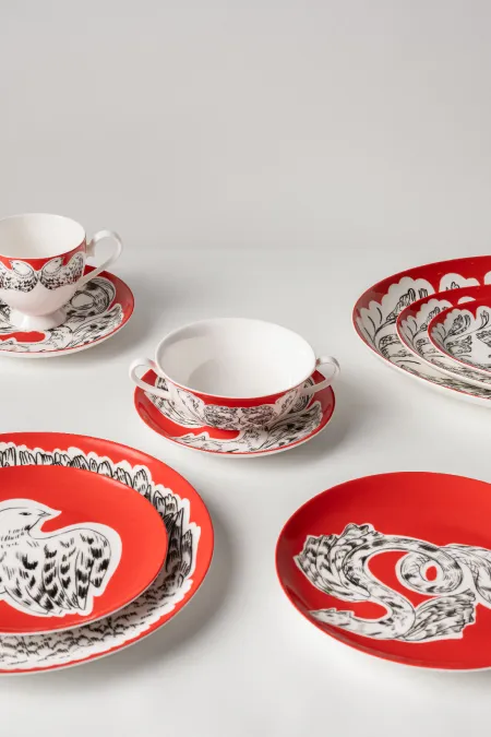 Пара  кофейная, коллекция «Перья на красном»